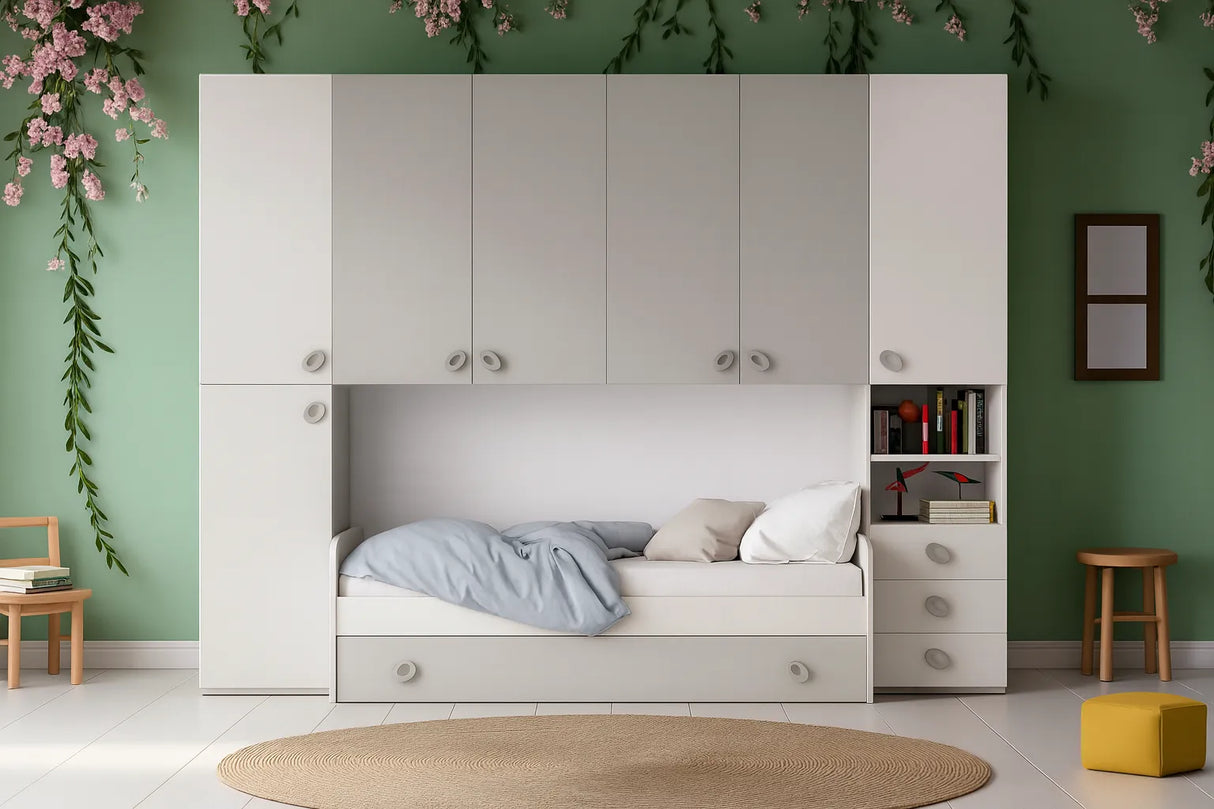 Cameretta a ponte Giacinto in bianco frassinato e grigio con letto e armadi integrati