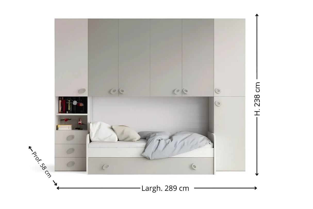 Cameretta a ponte Giacinto in bianco frassinato e grigio con letto e armadi integrati