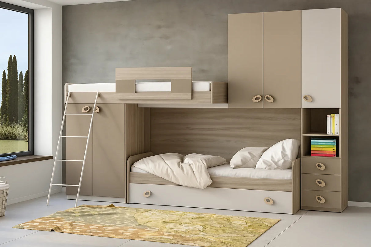 Cameretta Achillea Soppalco in finitura olmo, visone e light grey con due letti, armadi integrati e scaletta frontale.