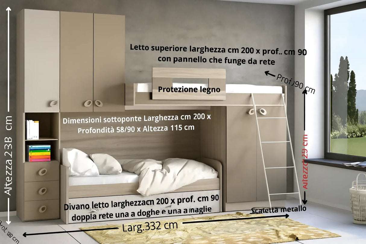 Cameretta Achillea Soppalco in finitura olmo, visone e light grey con due letti, armadi integrati e scaletta frontale.