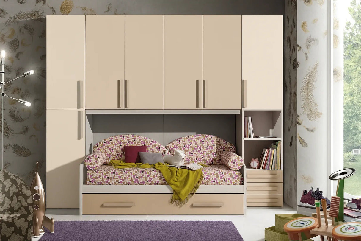 Cameretta Anemone a ponte panna e visone con doppio letto e ampi armadi contenitore – Europa Mobili