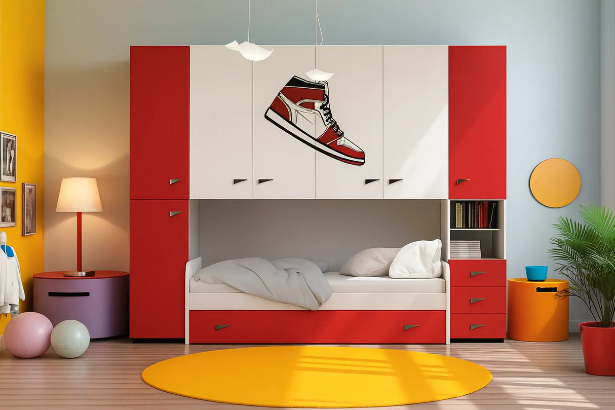 Cameretta Begonia a ponte disponibile in rosso, verde o blu con doppio letto e cabina opzionale da 90 cm – Europa Mobili