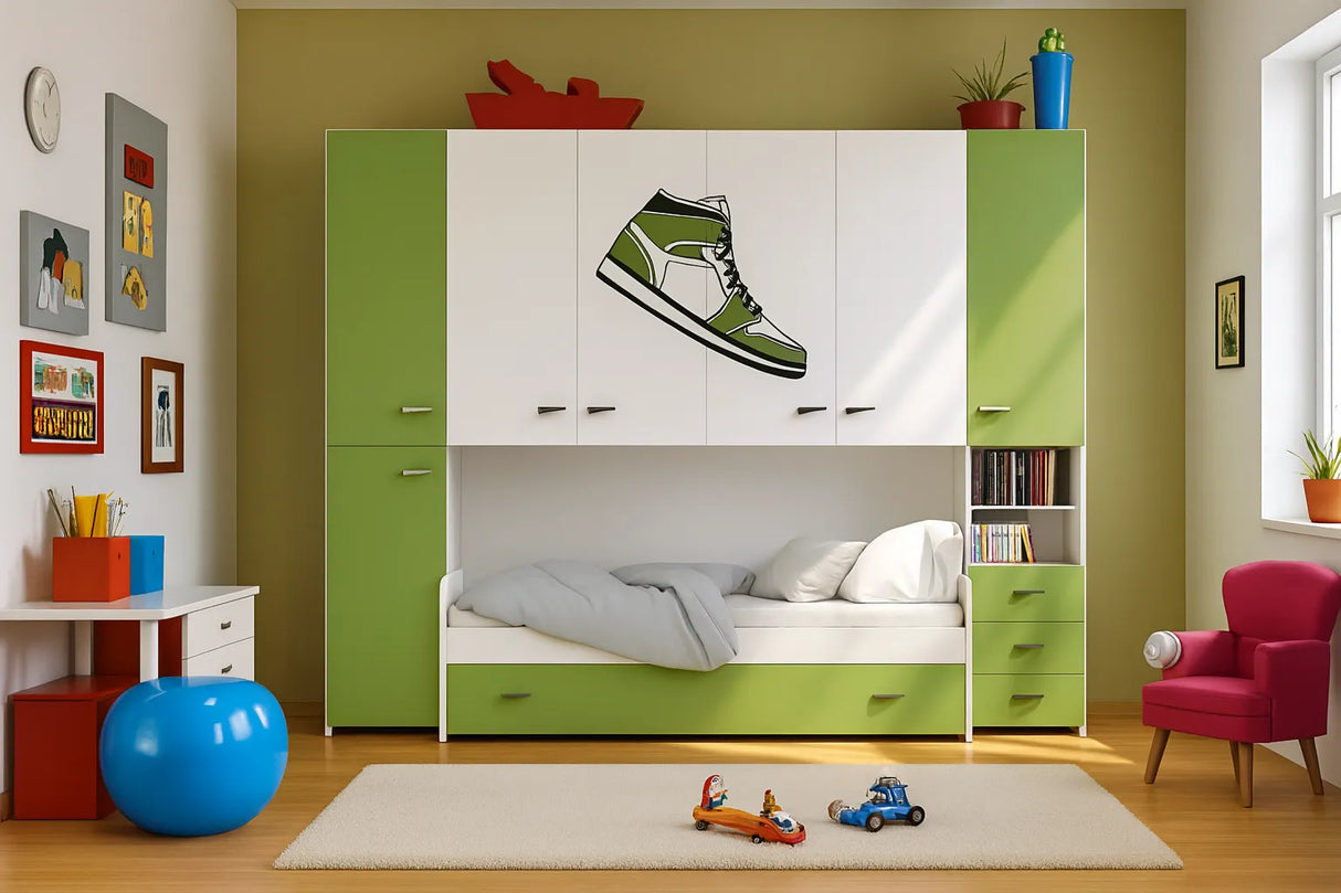 Cameretta Begonia a ponte disponibile in rosso, verde o blu con doppio letto e cabina opzionale da 90 cm – Europa Mobili