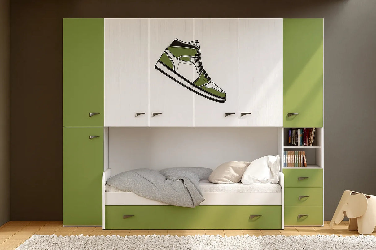 Cameretta Begonia a ponte disponibile in rosso, verde o blu con doppio letto e cabina opzionale da 90 cm – Europa Mobili