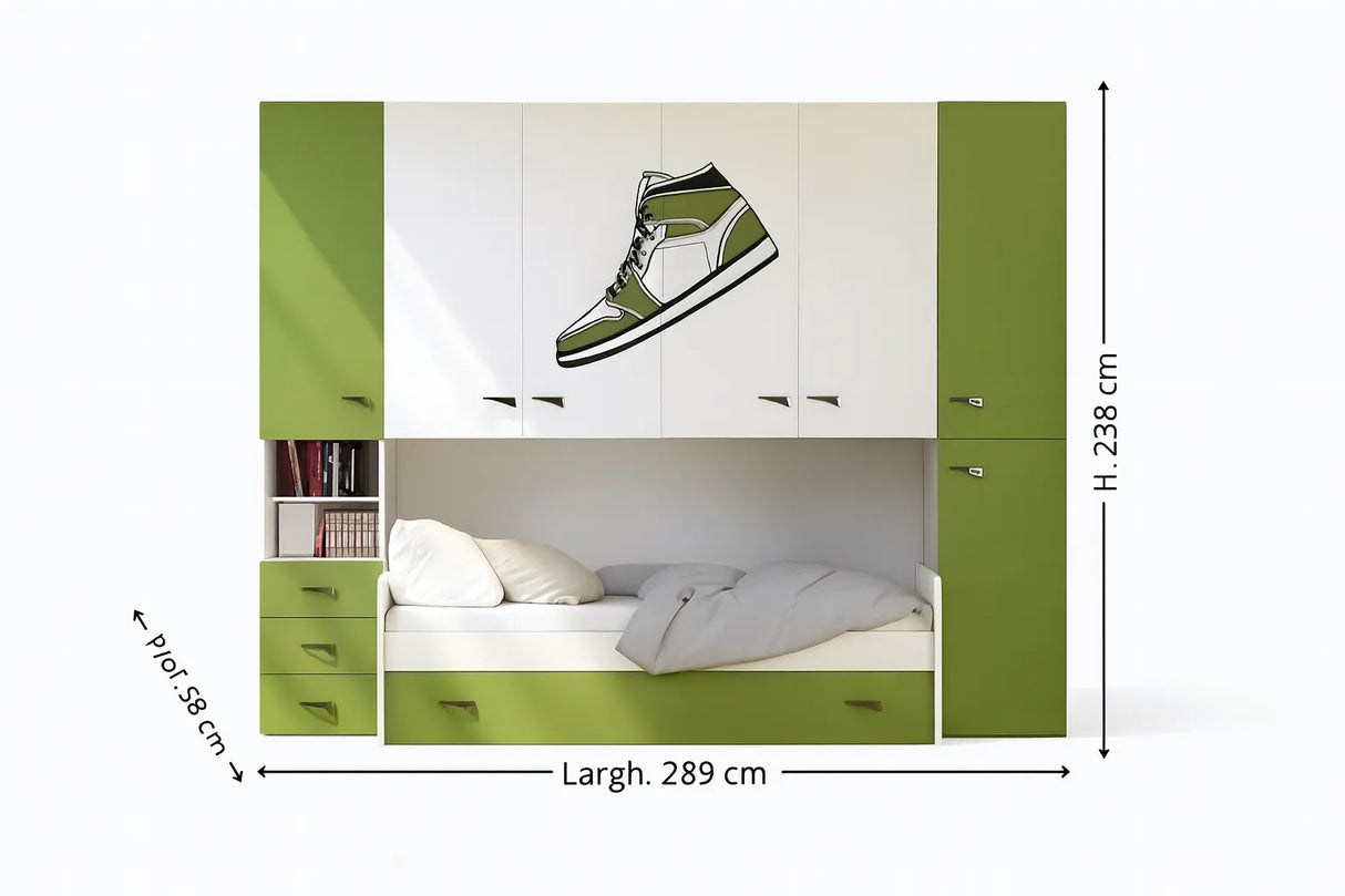 Cameretta Begonia a ponte disponibile in rosso, verde o blu con doppio letto e cabina opzionale da 90 cm – Europa Mobili