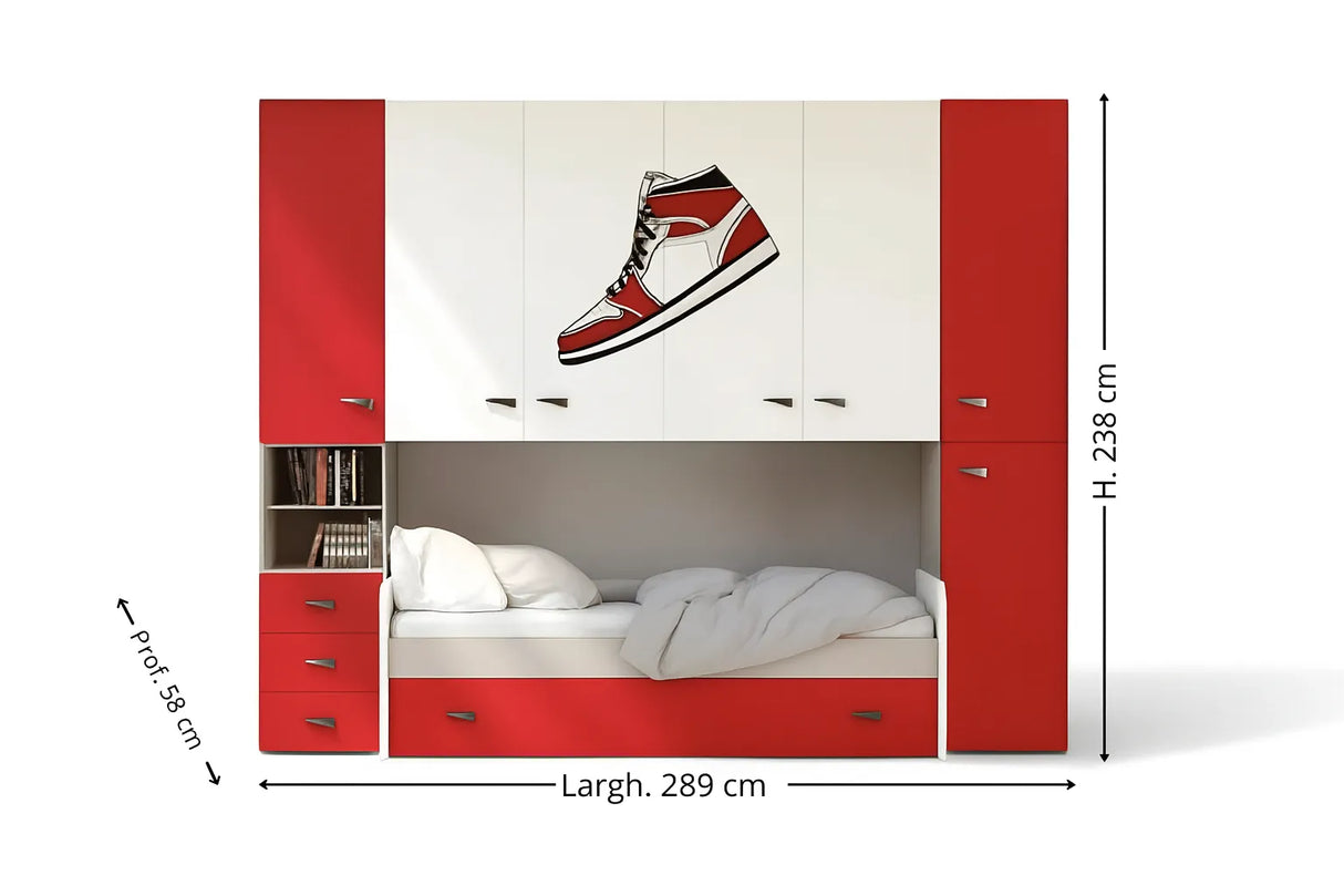 Cameretta Begonia a ponte disponibile in rosso, verde o blu con doppio letto e cabina opzionale da 90 cm – Europa Mobili