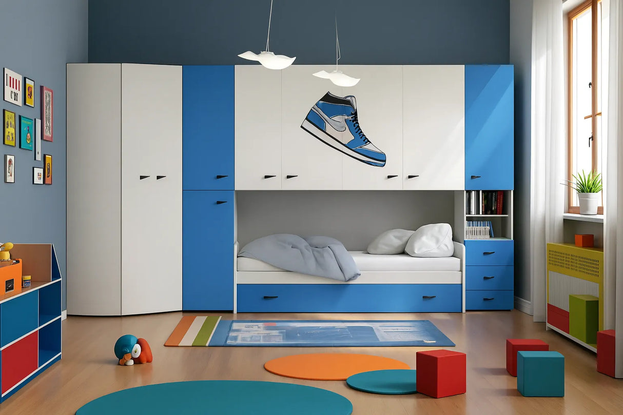 Cameretta Begonia a ponte disponibile in rosso, verde o blu con doppio letto e cabina opzionale da 90 cm – Europa Mobili