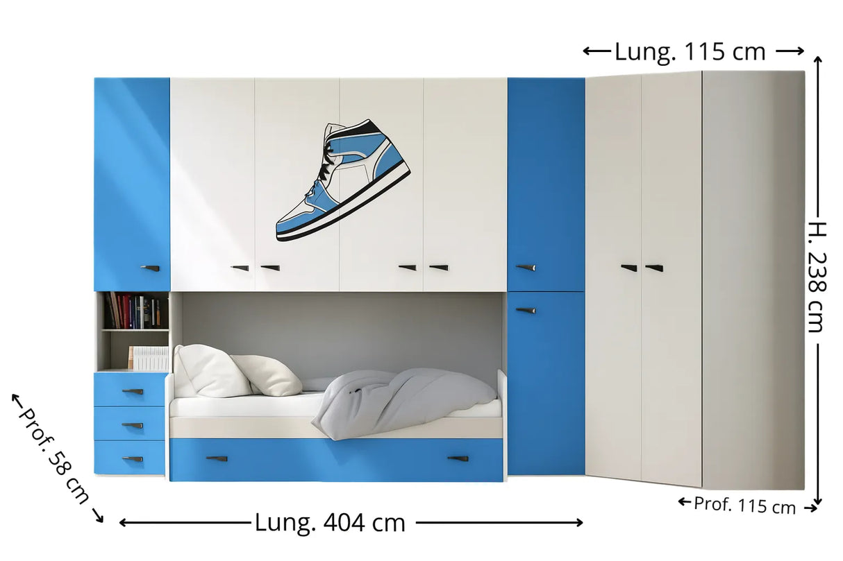 Cameretta Begonia a ponte disponibile in rosso, verde o blu con doppio letto e cabina opzionale da 90 cm – Europa Mobili