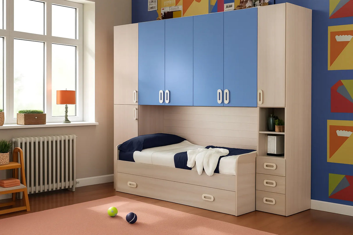 Cameretta Bluebell a ponte olmo e azzurro con doppio letto e armadio contenitore – Europa Mobili