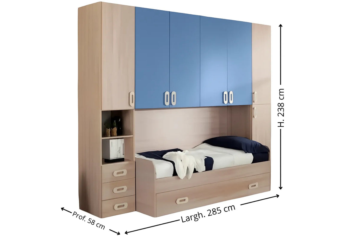 Cameretta Bluebell a ponte olmo e azzurro con doppio letto e armadio contenitore – Europa Mobili