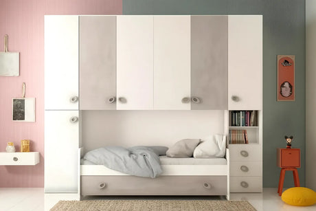 Cameretta Camellia a ponte color calce e cemento con doppio letto e armadio contenitore – Europa Mobili