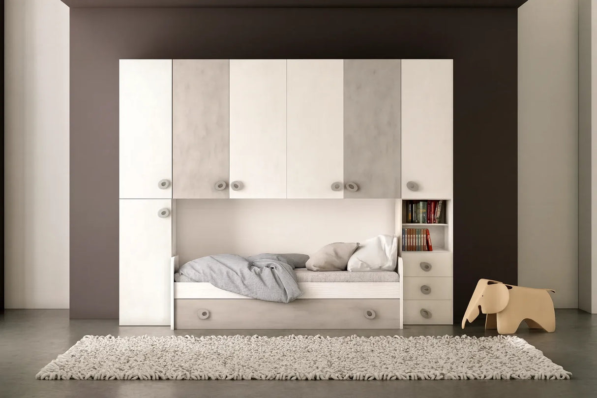 Cameretta Camellia a ponte color calce e cemento con doppio letto e armadio contenitore – Europa Mobili