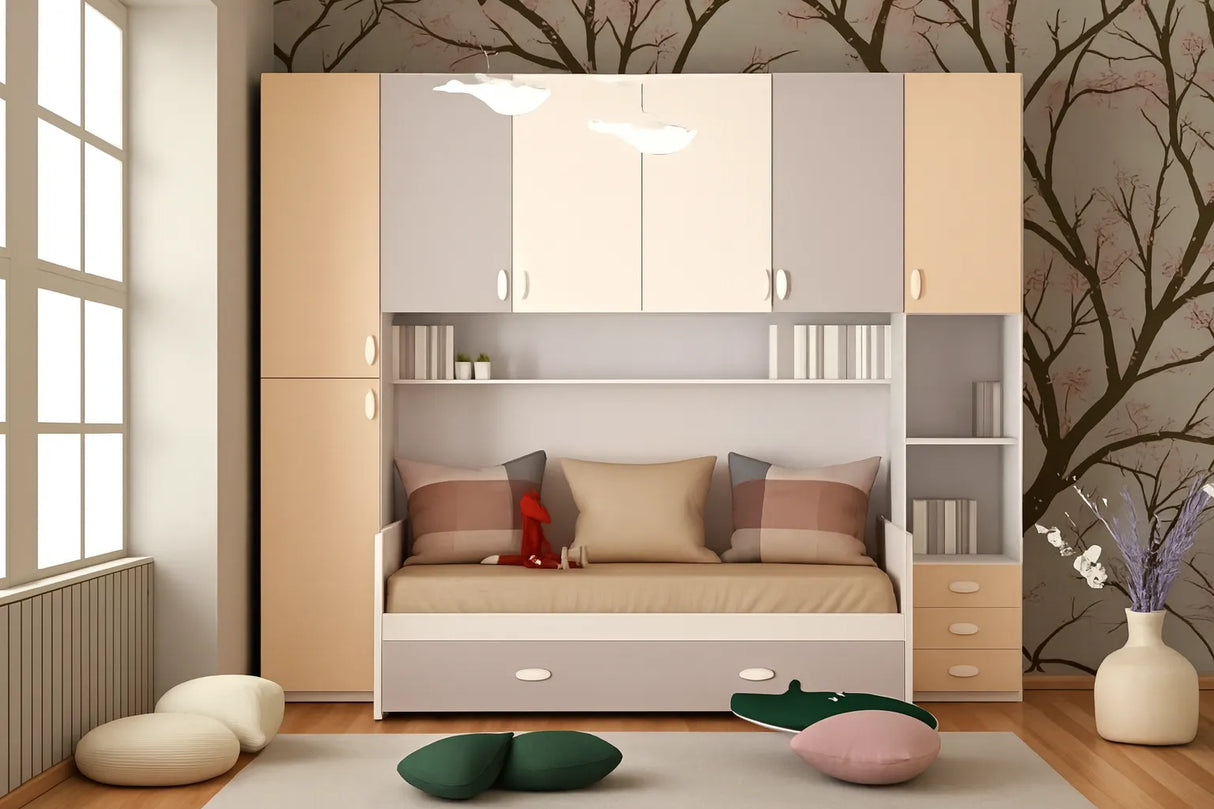 Cameretta Crisantemo a ponte bianco e visone con doppio letto a doghe e armadio contenitore – Europa Mobili