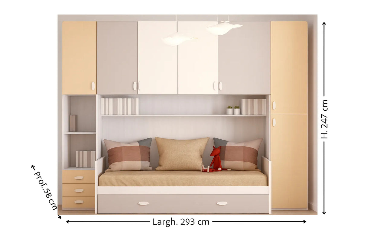 Cameretta Crisantemo a ponte bianco e visone con doppio letto a doghe e armadio contenitore – Europa Mobili