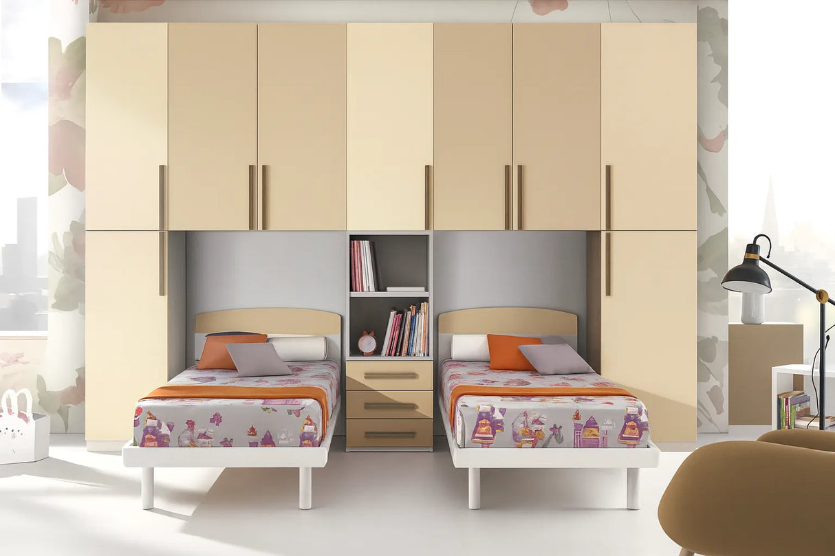 Cameretta Cyanus doppio ponte in finitura panna e visone con due letti singoli e armadi integrati – Europa Mobili