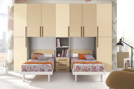 Cameretta Cyanus doppio ponte in finitura panna e visone con due letti singoli e armadi integrati – Europa Mobili