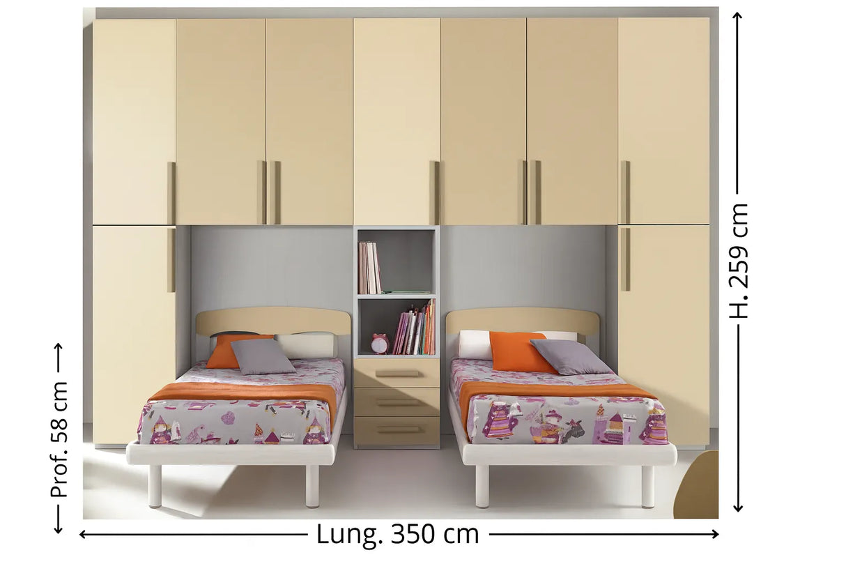 Cameretta Cyanus doppio ponte in finitura panna e visone con due letti singoli e armadi integrati – Europa Mobili