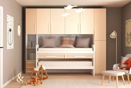 Cameretta Daisy a ponte in finitura panna e visone con doppio letto e vani contenitore – Europa Mobili