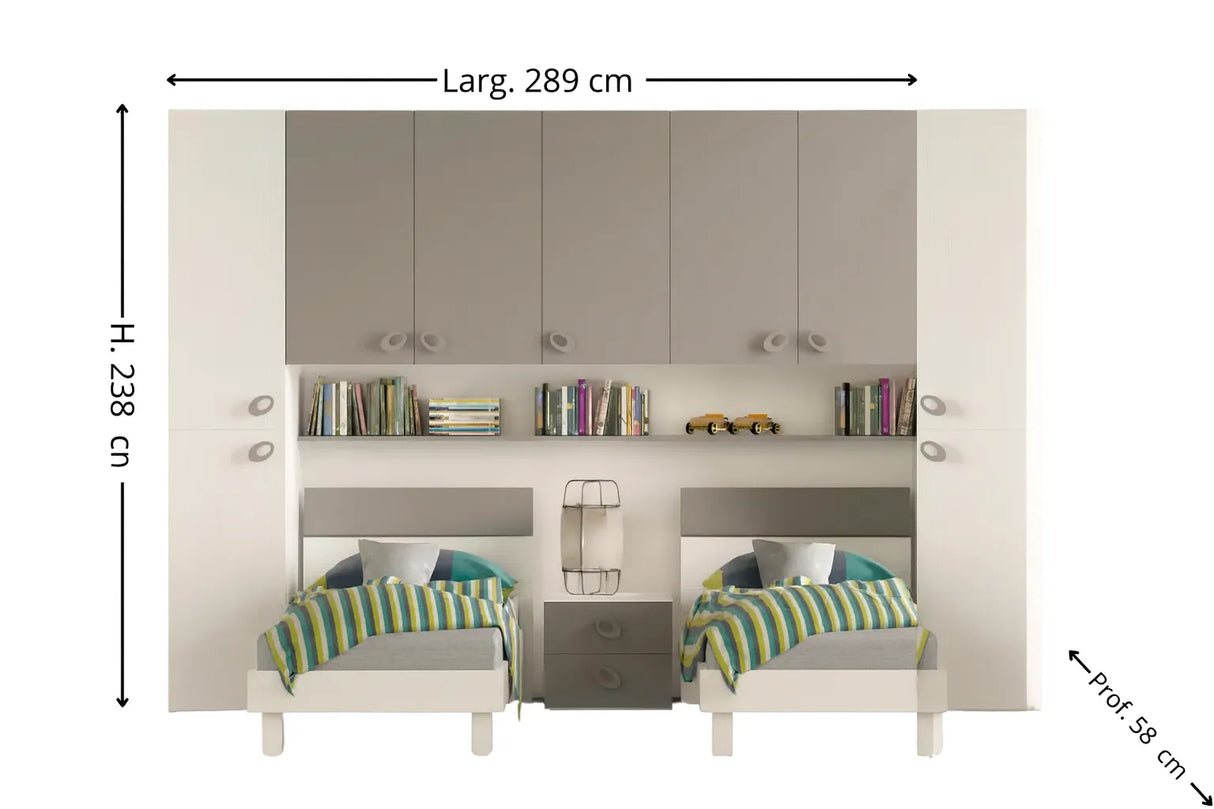 Cameretta Ibisco Doppio Ponte in finitura bianco frassinato e grigio con due letti singoli, armadi e pensili integrati.