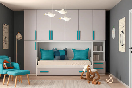 Cameretta Iris a ponte in frassinato Tele con doppio letto e maniglie ciano – Europa Mobili