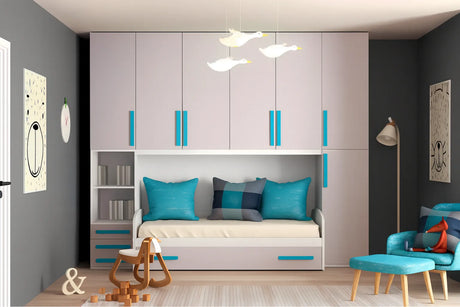 Cameretta Iris a ponte in frassinato Tele con doppio letto e maniglie ciano – Europa Mobili