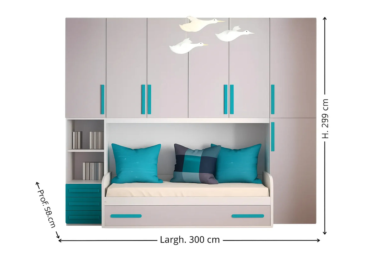 Cameretta Iris a ponte in frassinato Tele con doppio letto e maniglie ciano – Europa Mobili