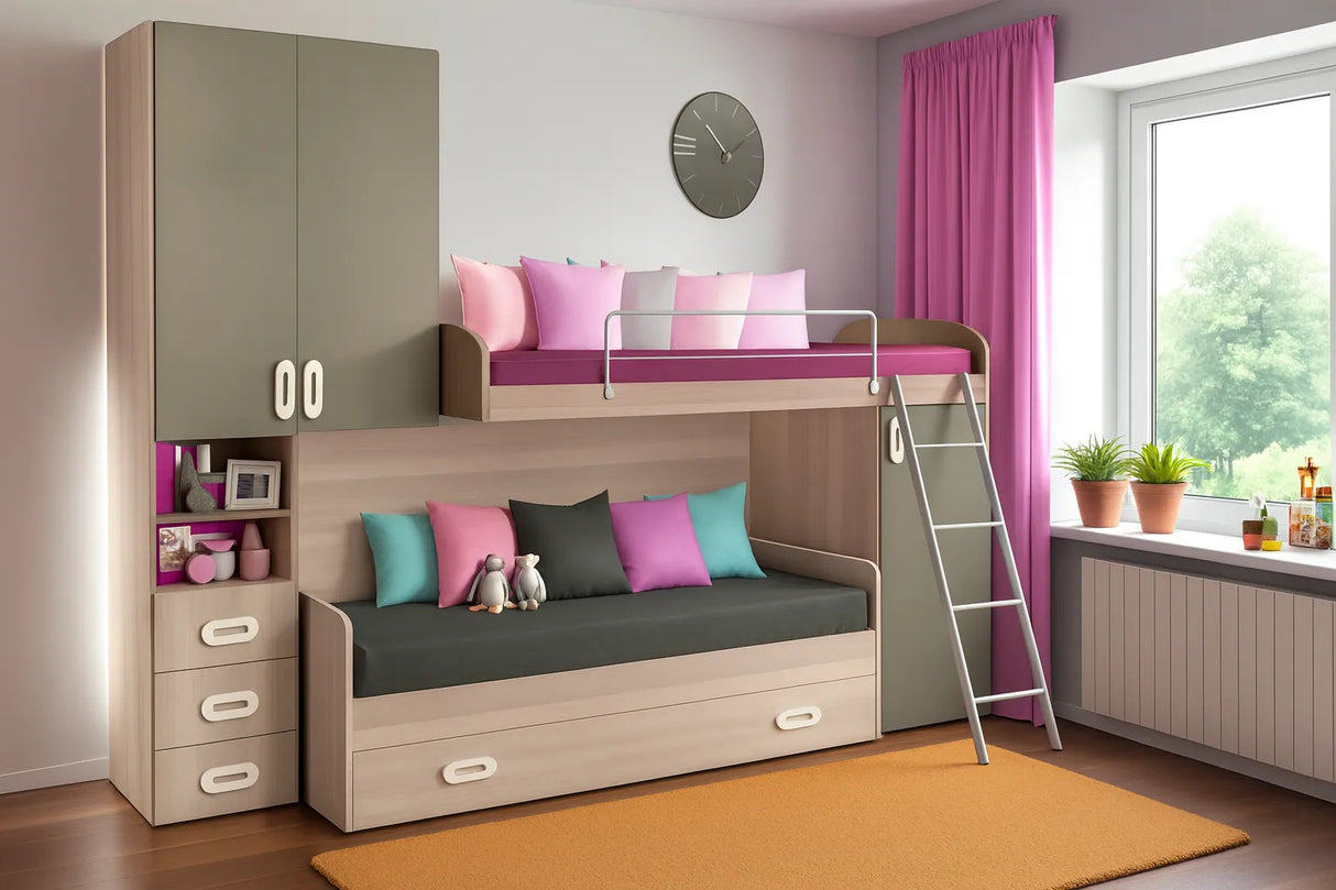 Cameretta Lavender Soppalco in finitura olmo e visone con due letti, armadio laterale e scaletta integrata.