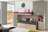 Cameretta Lavender Soppalco in finitura olmo e visone con due letti, armadio laterale e scaletta integrata.