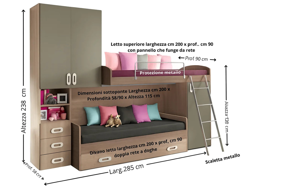 Cameretta Lavender Soppalco in finitura olmo e visone con due letti, armadio laterale e scaletta integrata.