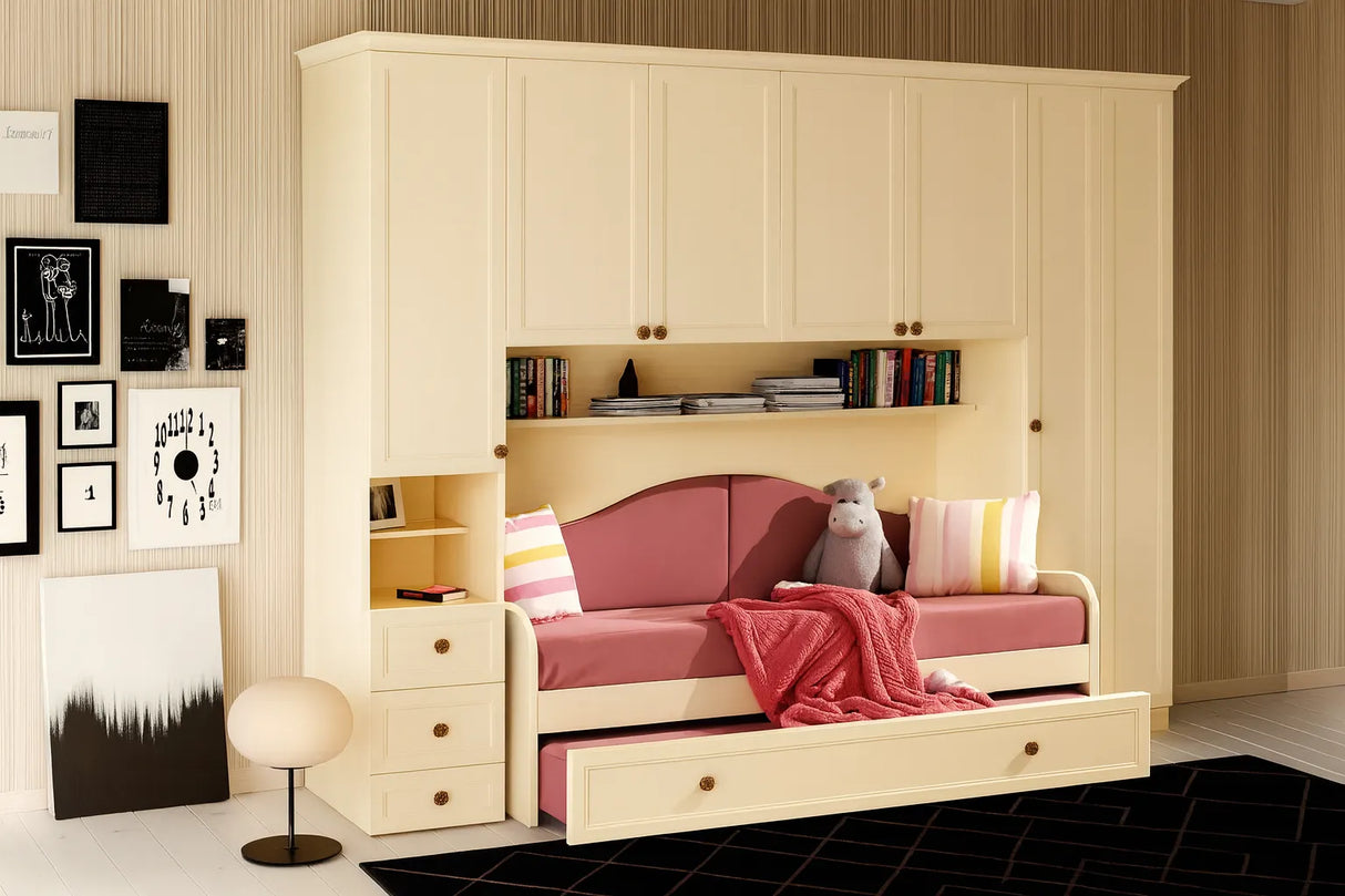 Cameretta Lily a ponte in patinato avorio con doppia rete a doghe e armadi contenitivi – Europa Mobili