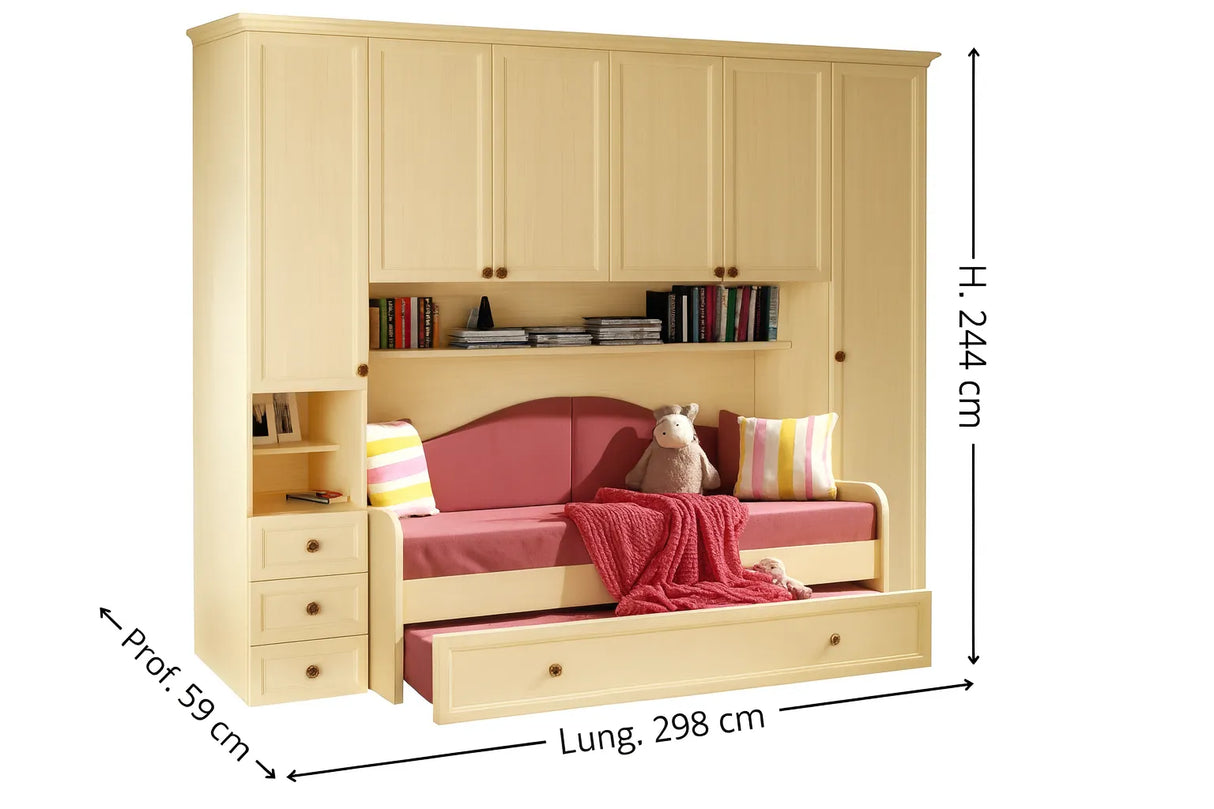 Cameretta Lily a ponte in patinato avorio con doppia rete a doghe e armadi contenitivi – Europa Mobili