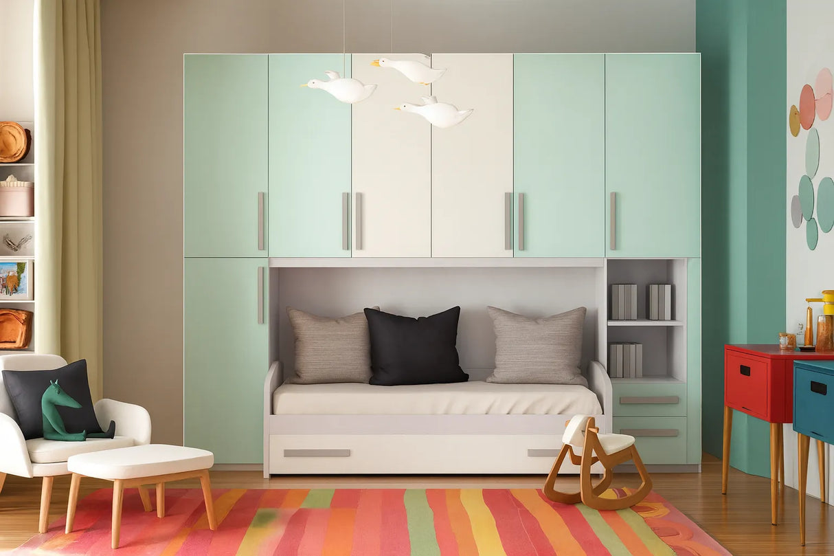 Cameretta Lotus a ponte bianco e verde latte menta con doppio letto e armadio contenitore – Europa Mobili