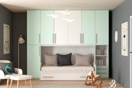 Cameretta Lotus a ponte bianco e verde latte menta con doppio letto e armadio contenitore – Europa Mobili