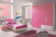 Cameretta Malva in finitura bianco e ciclamino con letto singolo, armadio, comodino e scrivania coordinati.