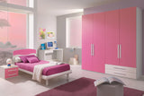Cameretta Malva in finitura bianco e ciclamino con letto singolo, armadio, comodino e scrivania coordinati.