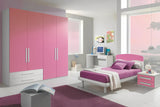 Cameretta Malva in finitura bianco e ciclamino con letto singolo, armadio, comodino e scrivania coordinati.