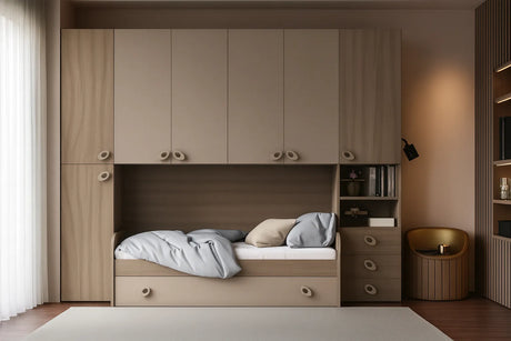Cameretta Marigold a ponte in olmo e visone con doppio letto a doghe e armadio contenitore – Europa Mobili