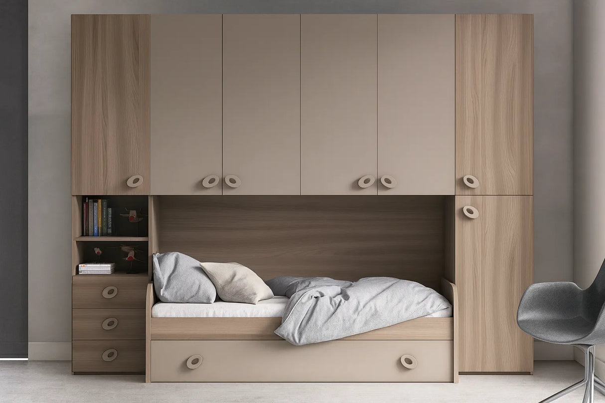 Cameretta Marigold a ponte in olmo e visone con doppio letto a doghe e armadio contenitore – Europa Mobili