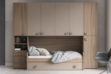 Cameretta Marigold a ponte in olmo e visone con doppio letto a doghe e armadio contenitore – Europa Mobili