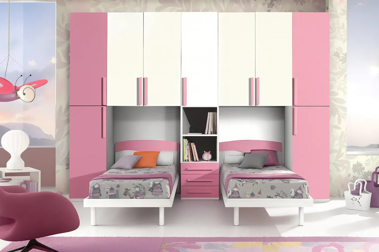 Cameretta Orchid doppio ponte in bianco e ciclamino con due letti singoli e armadi integrati – Europa Mobili