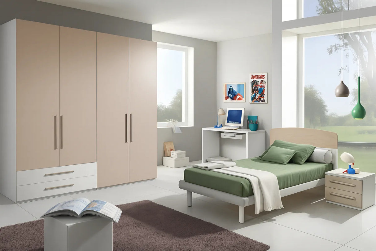 Cameretta Ortensia in finitura nuvola frassinato e betulla con letto singolo, armadio, scrivania e comodino coordinati.