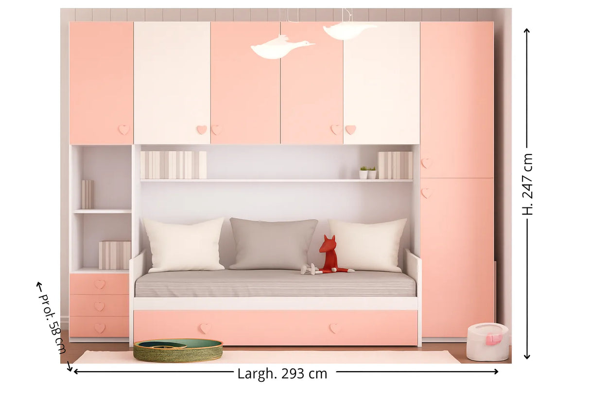 Cameretta Petunia a ponte rosa e bianco con doppio letto e armadi contenitori – Europa Mobili