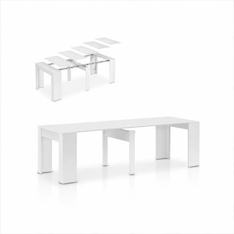 Consolle allungabile salvaspazio in legno MDF estensibile da 78 a 300 cm disponibile nelle finiture olmo, bianco frassinato e cemento.