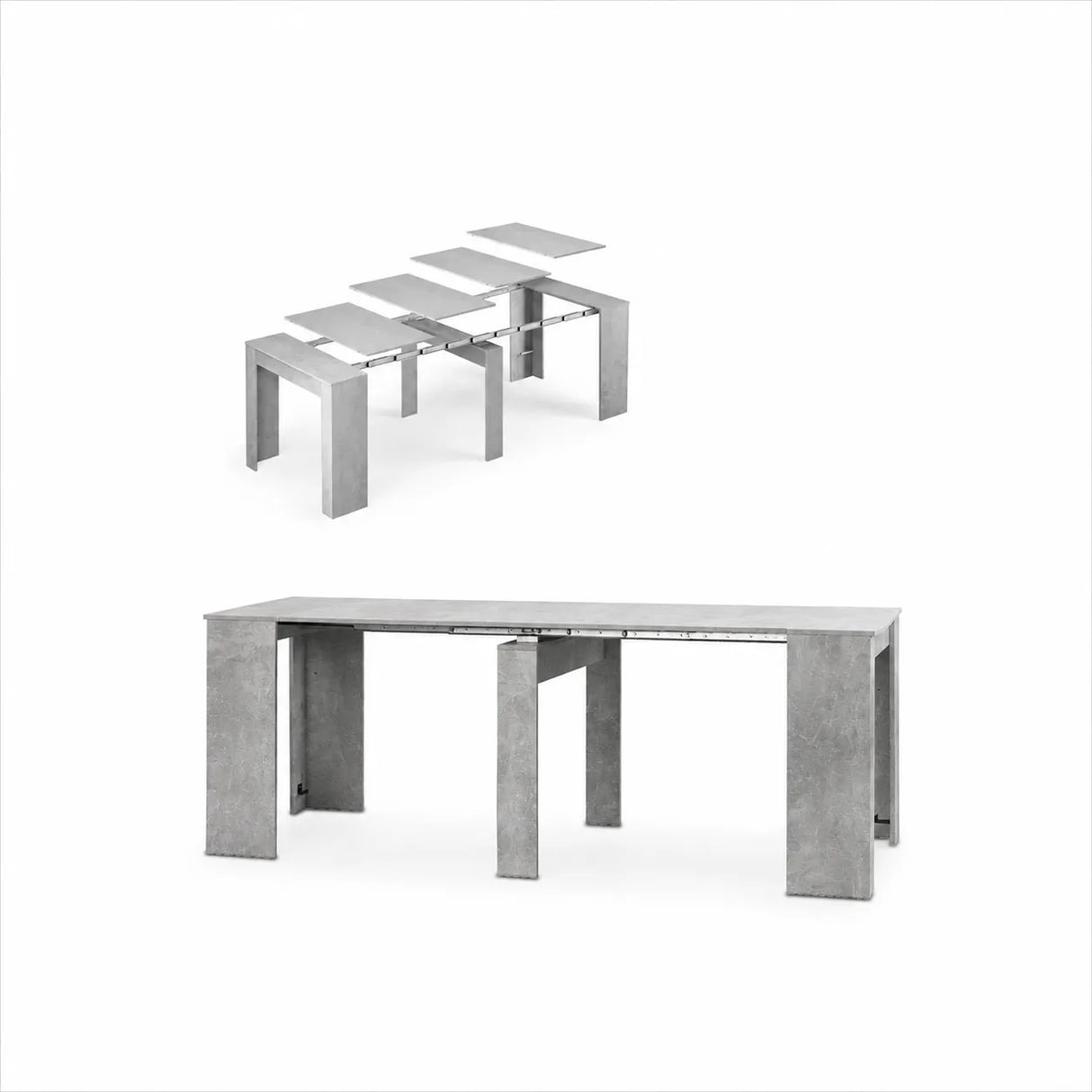 Consolle allungabile salvaspazio in legno MDF estensibile da 78 a 300 cm disponibile nelle finiture olmo, bianco frassinato e cemento.