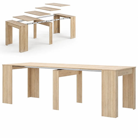 Consolle allungabile salvaspazio in legno MDF estensibile da 78 a 300 cm disponibile nelle finiture olmo, bianco frassinato e cemento.