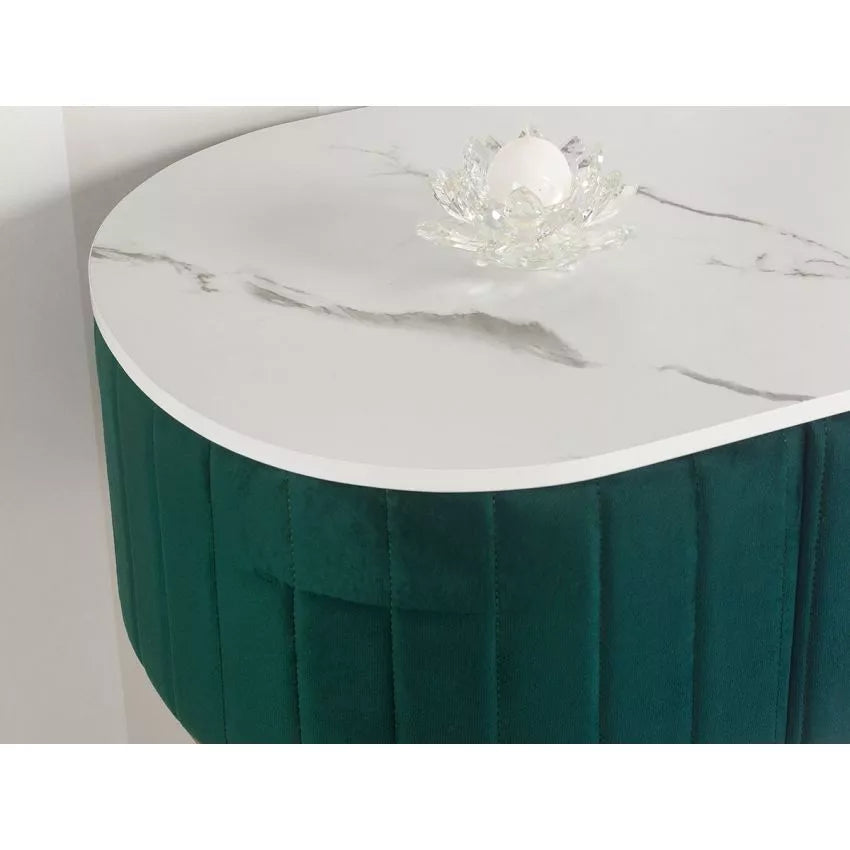 Consolle Kim in velluto verde con piano effetto marmo e gambe oro