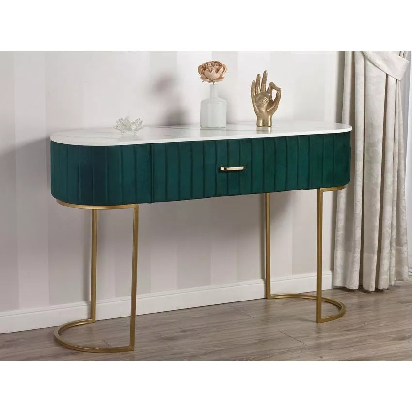 Consolle Kim in velluto verde con piano effetto marmo e gambe oro