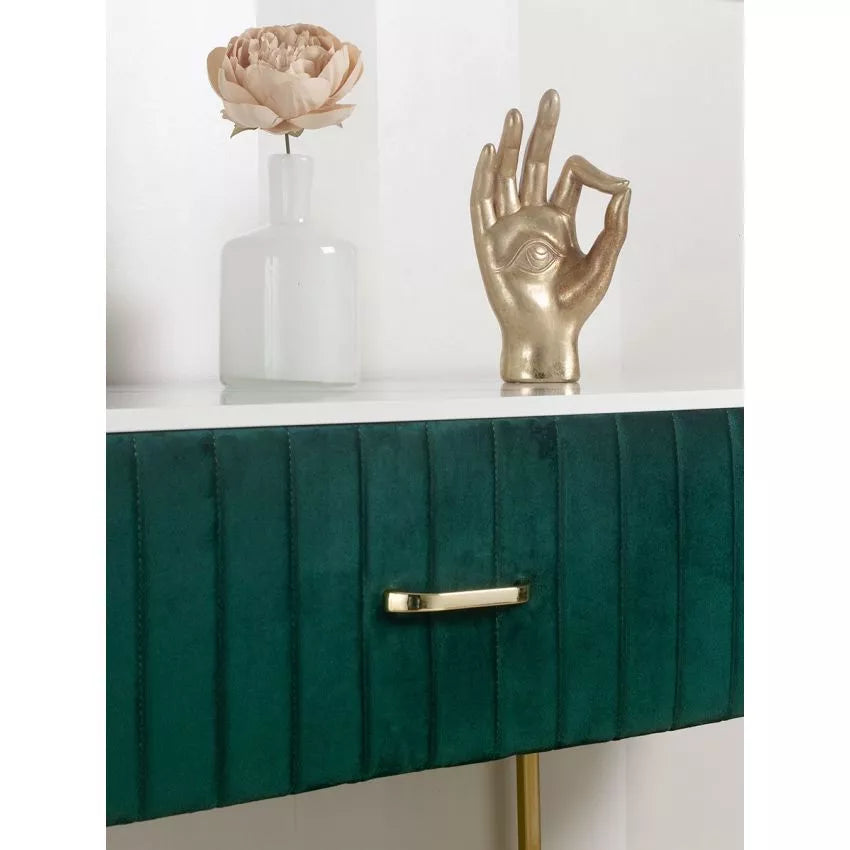 Consolle Kim in velluto verde con piano effetto marmo e gambe oro