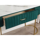 Consolle Kim in velluto verde con piano effetto marmo e gambe oro