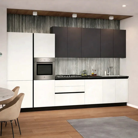 Cucina Armonia 363 cm moderna bianco frassino e antracite con elettrodomestici inclusi.